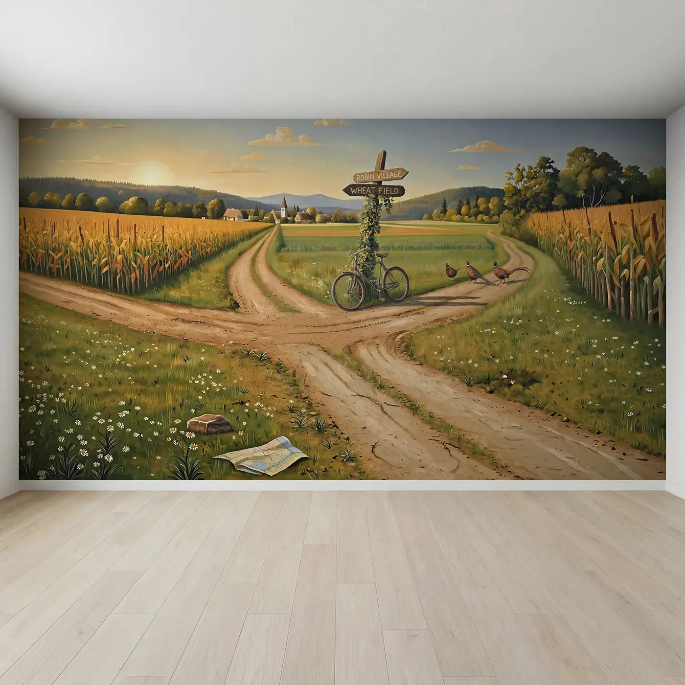Full view of Country Crossroads Vintage Signpost Wallpaper Mural by Whimsy Tots