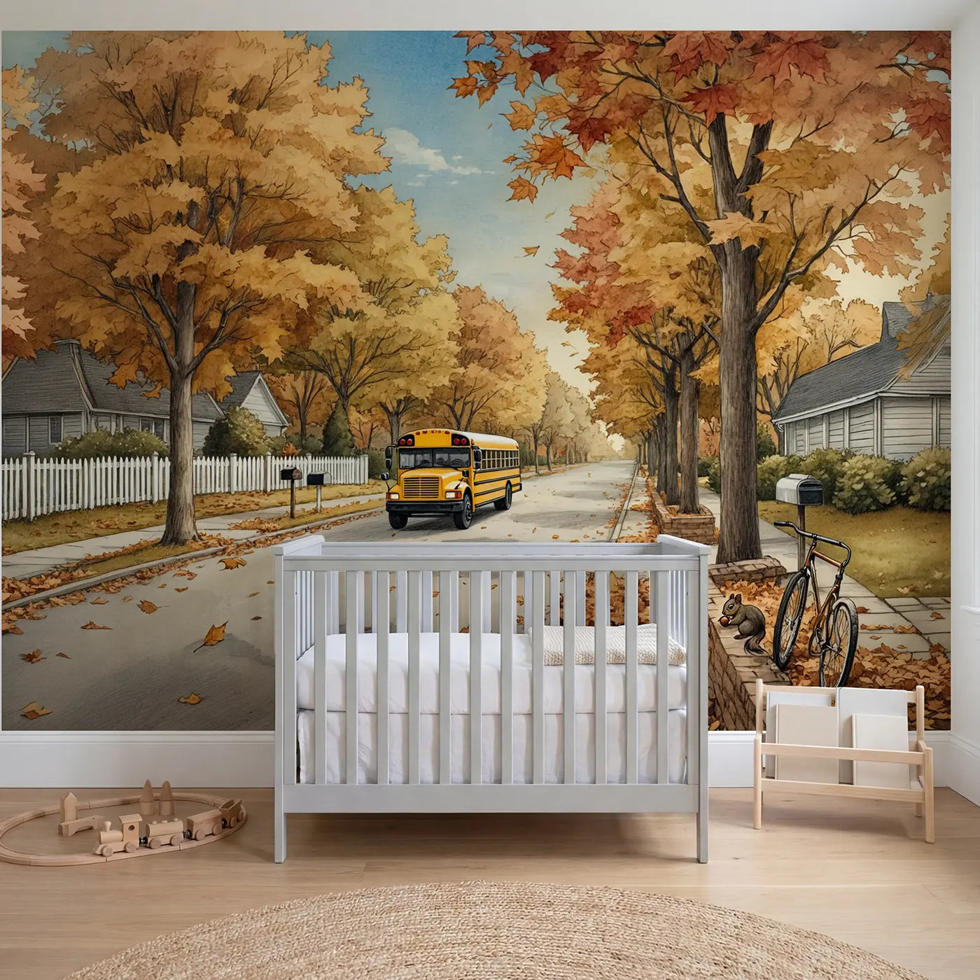 Storybook school bus autumn road wallpaper mural for boys room by Whimsy Tots