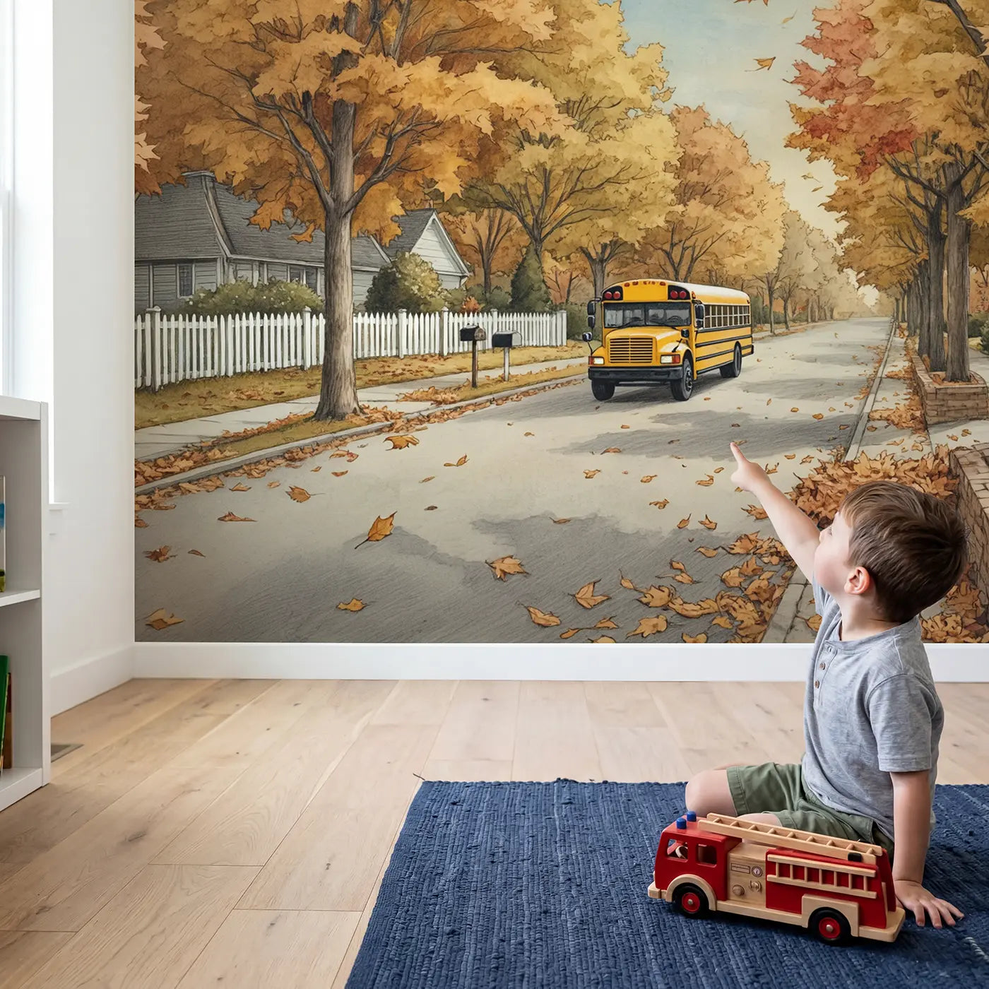 Child in nursery with Autumn School Bus Road Wallpaper Mural by Whimsy Tots