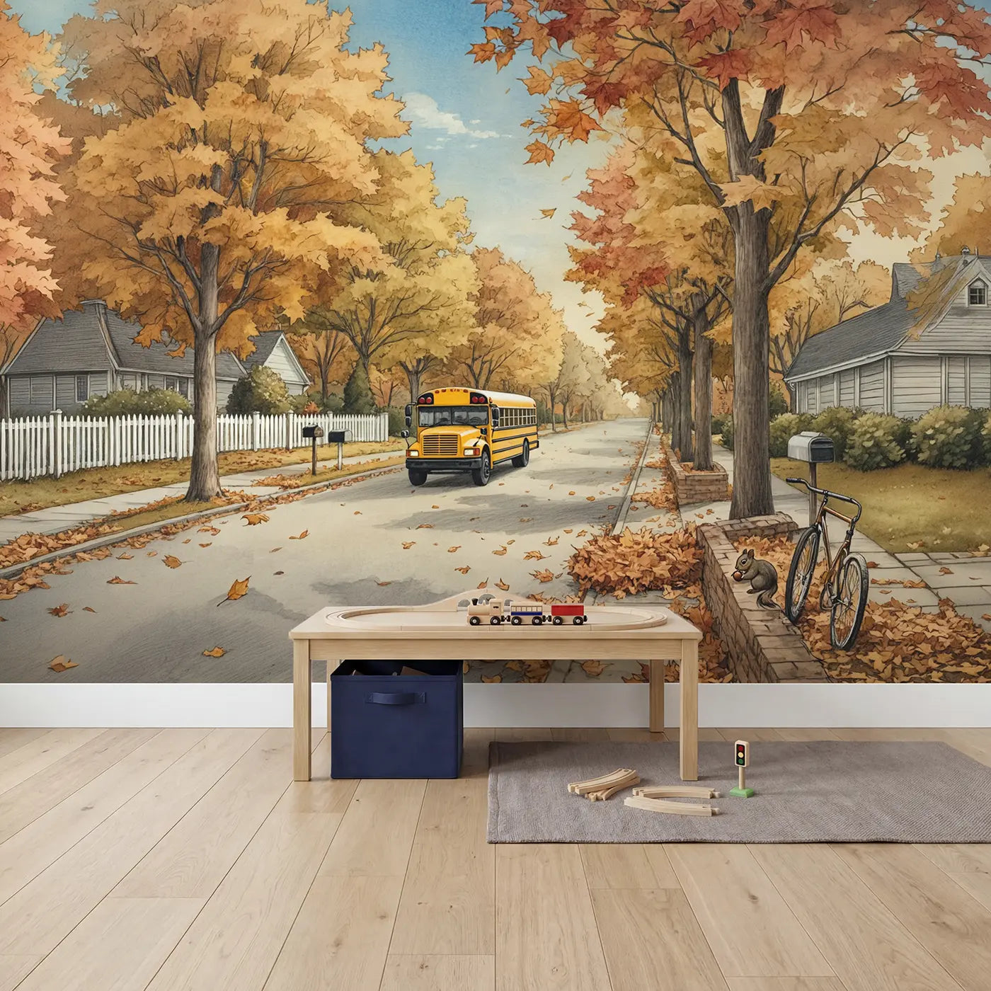 Autumn School Bus Road Wallpaper Mural in playroom setting by Whimsy Tots