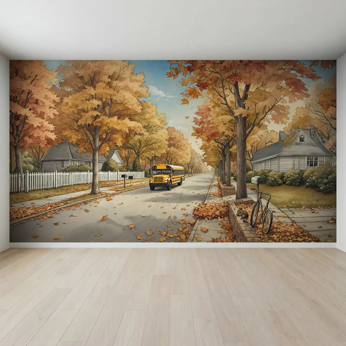 Full view of Autumn School Bus Road Wallpaper Mural by Whimsy Tots