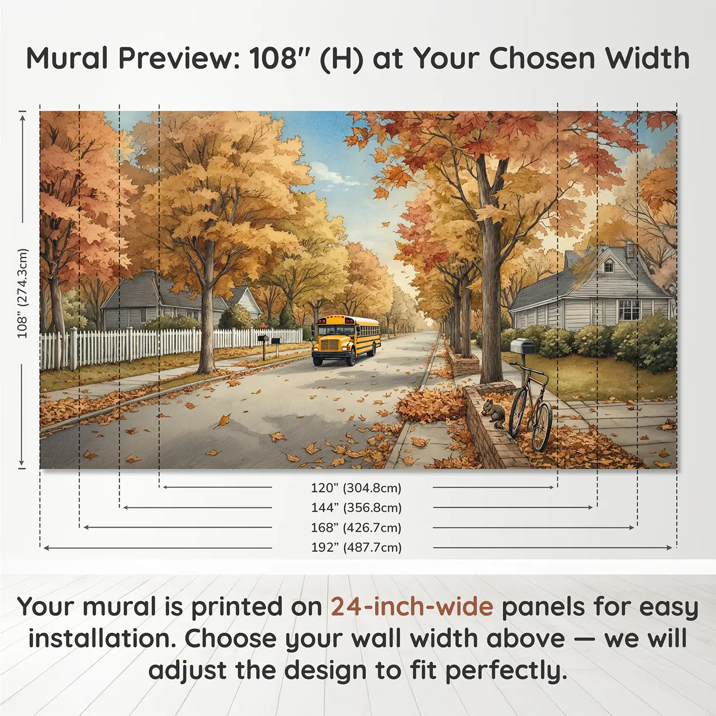 Panel layout and dimensions for Autumn School Bus Road Wallpaper Mural by Whimsy Tots