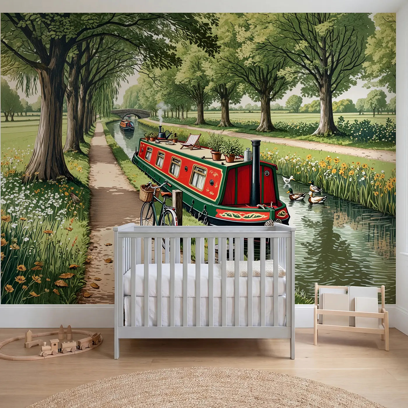 Block print canal boat bicycle waterway wallpaper mural for nursery by Whimsy Tots