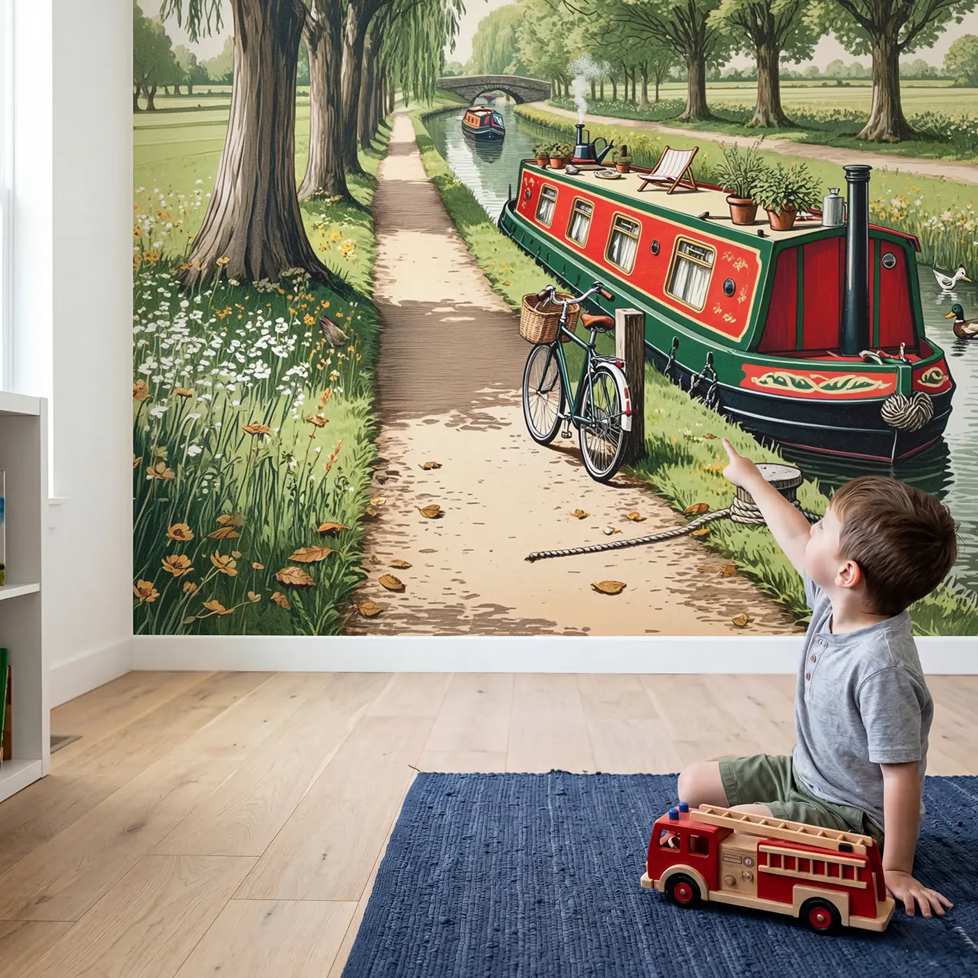 Child in nursery with Canal Boat and Bicycle Wallpaper Mural by Whimsy Tots