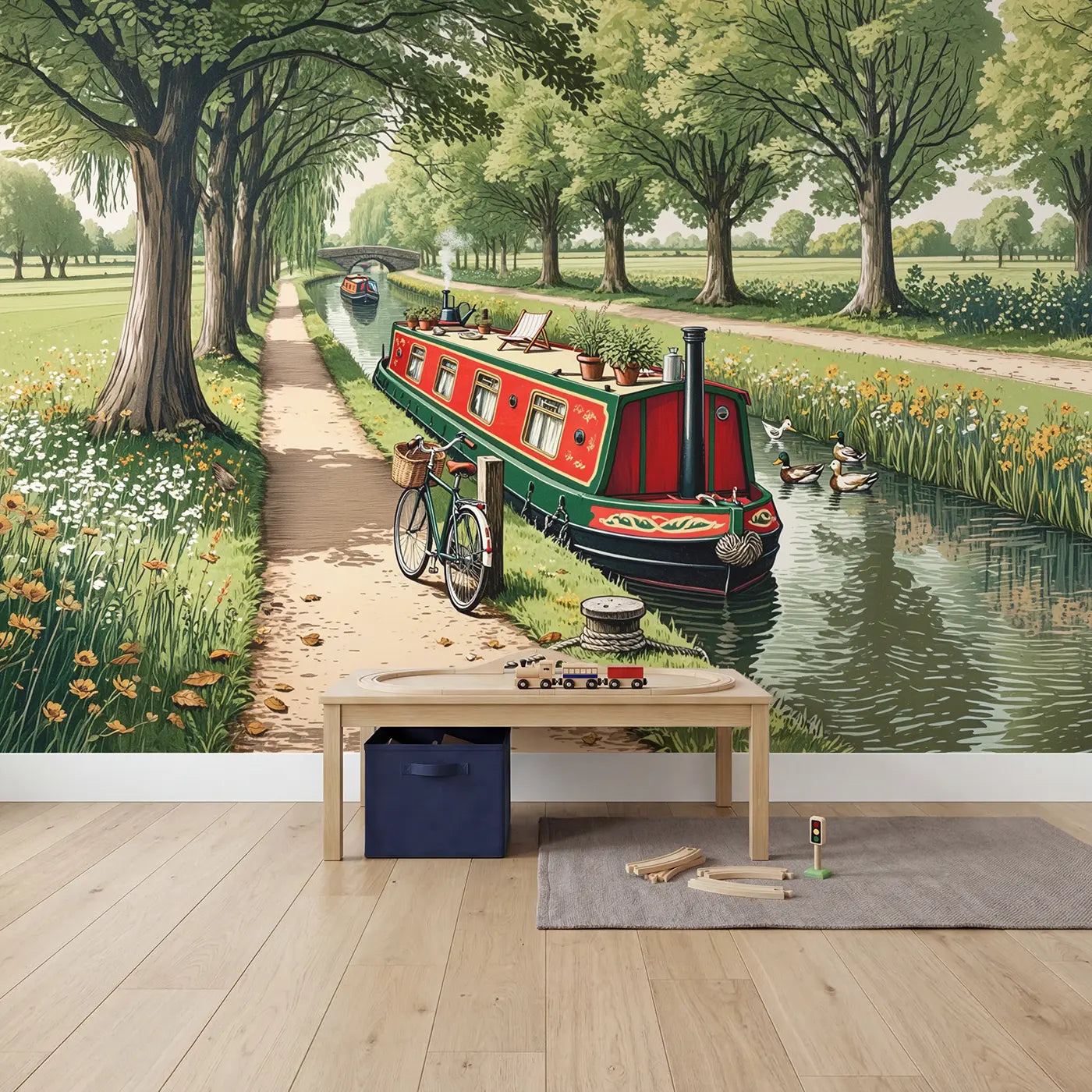Canal Boat and Bicycle Wallpaper Mural in playroom setting by Whimsy Tots