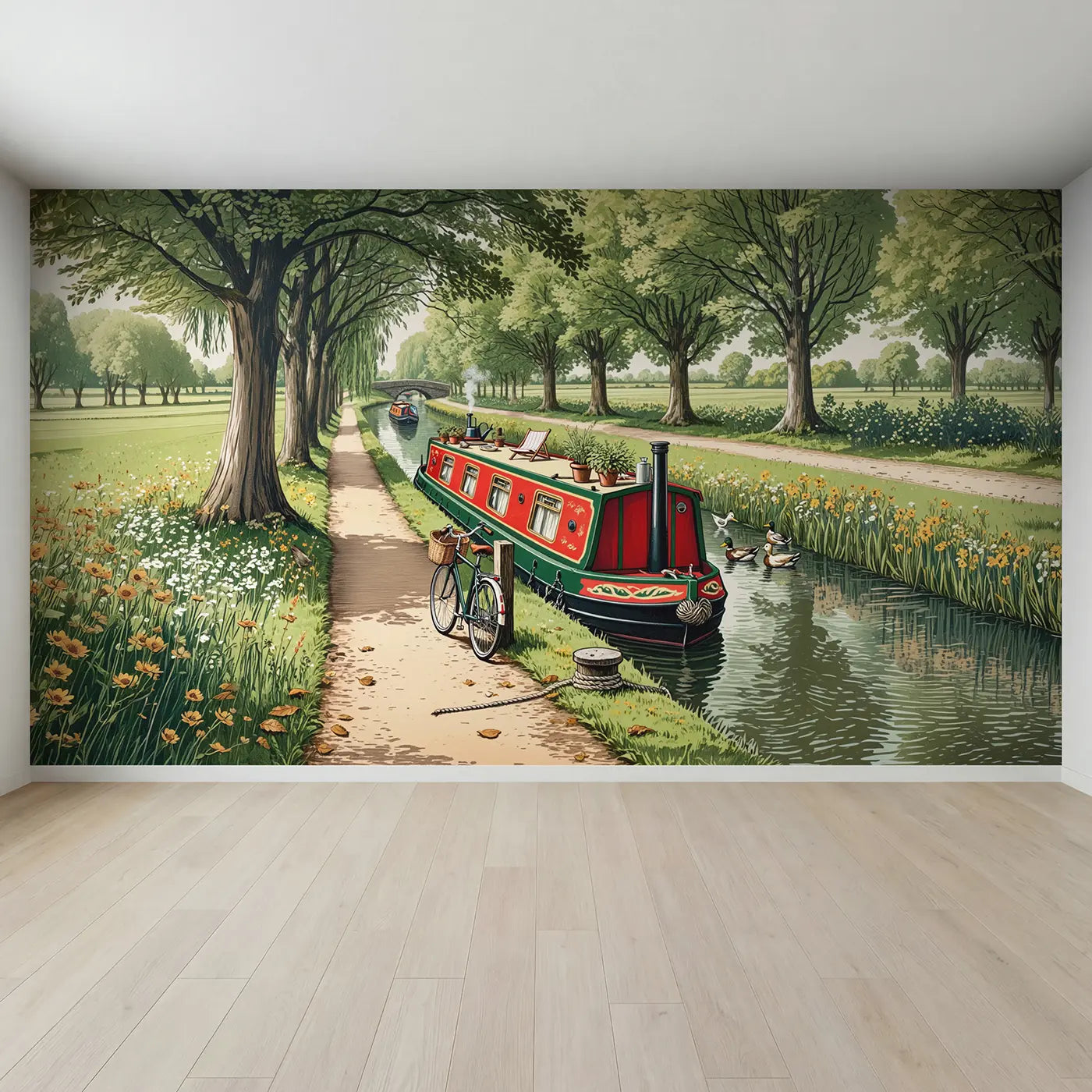 Full view of Canal Boat and Bicycle Wallpaper Mural by Whimsy Tots