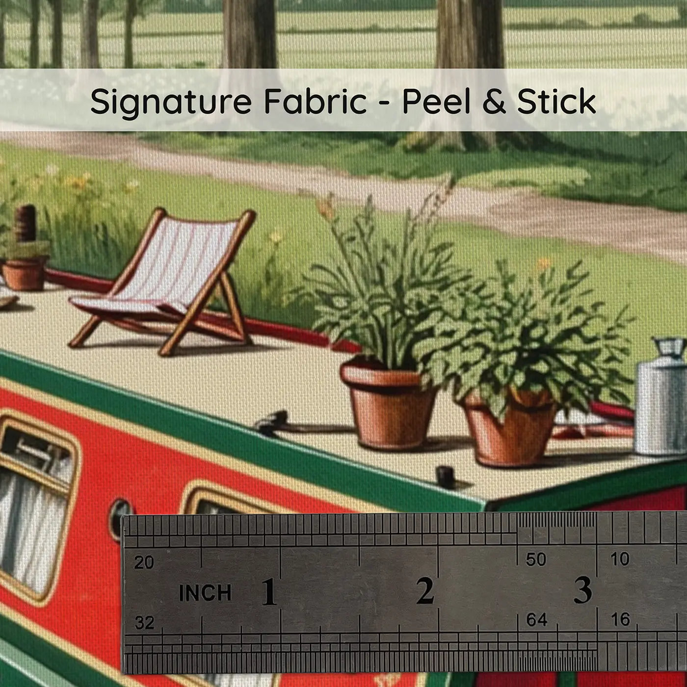 Fabric texture close-up of Canal Boat and Bicycle Wallpaper Mural by Whimsy Tots