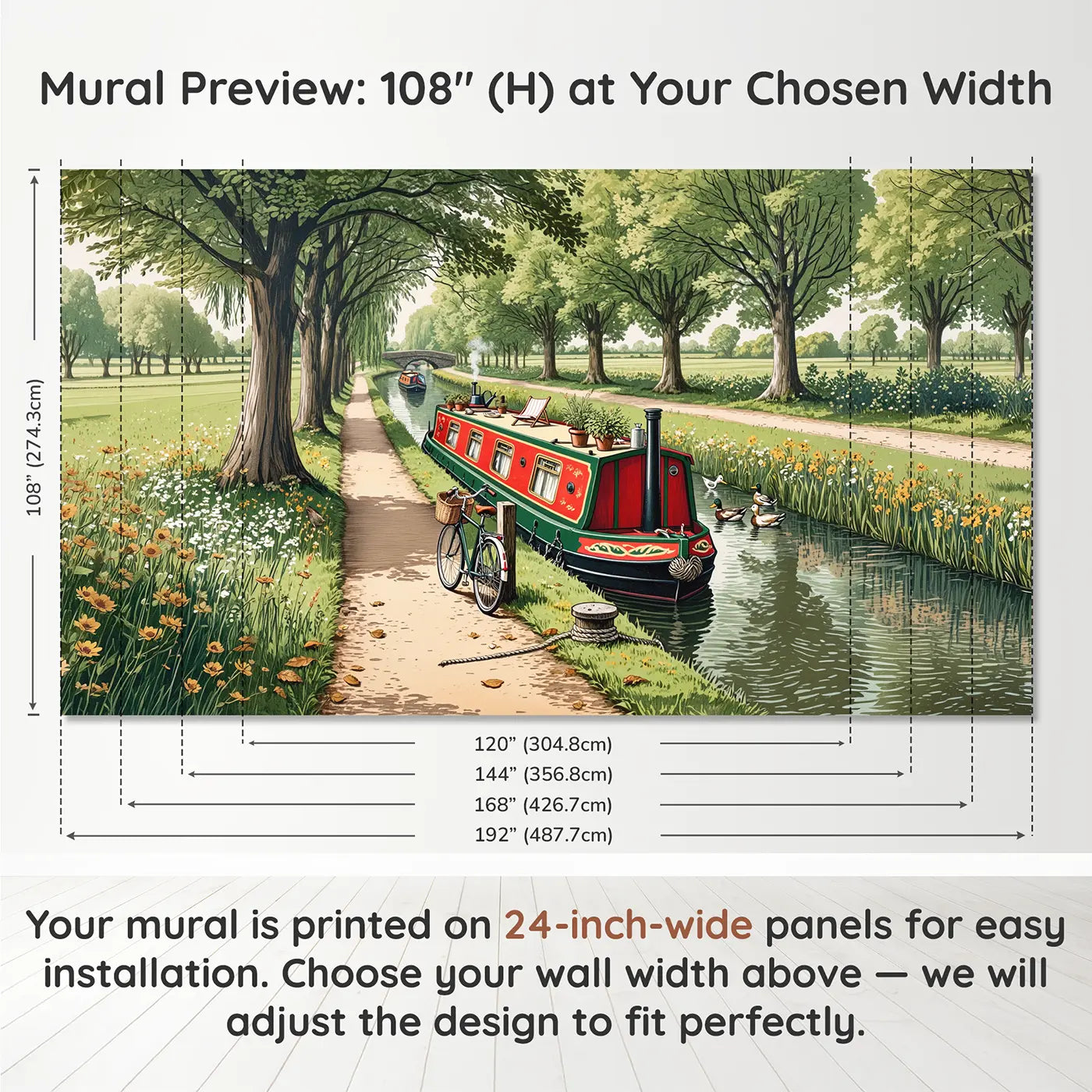 Panel layout and dimensions for Canal Boat and Bicycle Wallpaper Mural by Whimsy Tots