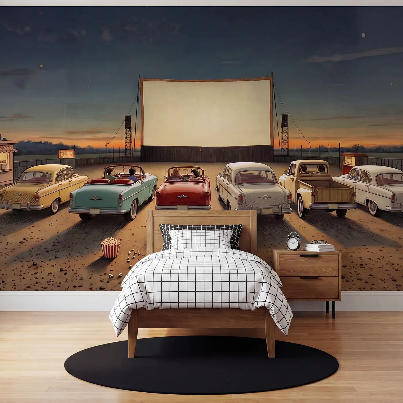 Storybook drive-in movie starry night wallpaper mural for kids room by Whimsy Tots
