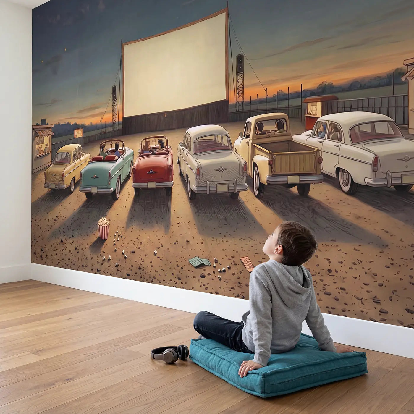 Child in nursery with Drive-In Movie Night Wallpaper Mural by Whimsy Tots