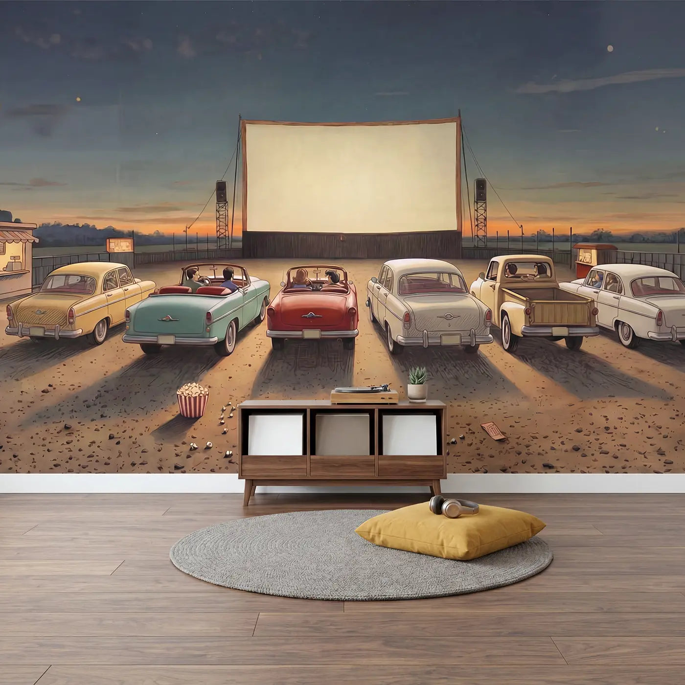 Drive-In Movie Night Wallpaper Mural in playroom setting by Whimsy Tots