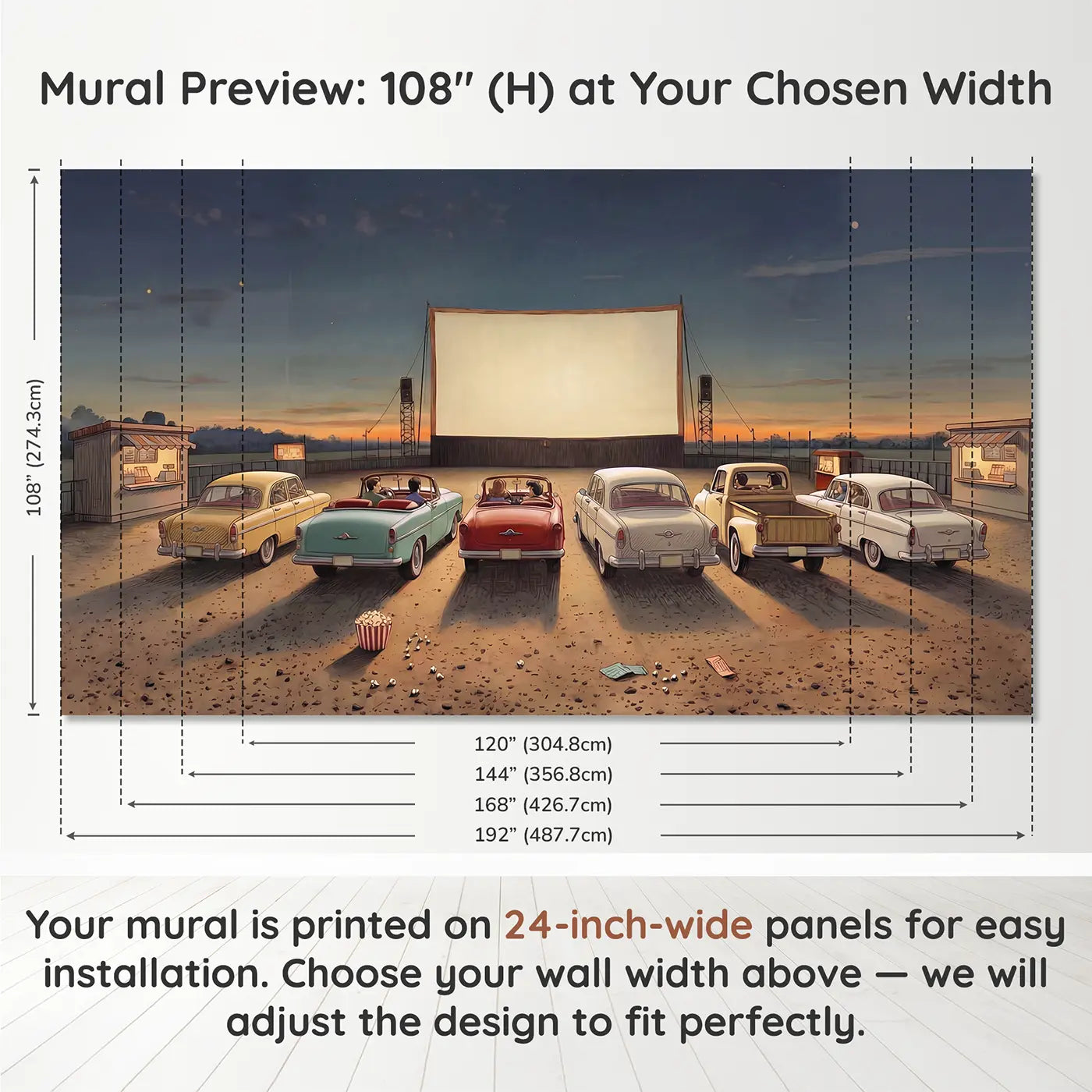 Panel layout and dimensions for Drive-In Movie Night Wallpaper Mural by Whimsy Tots