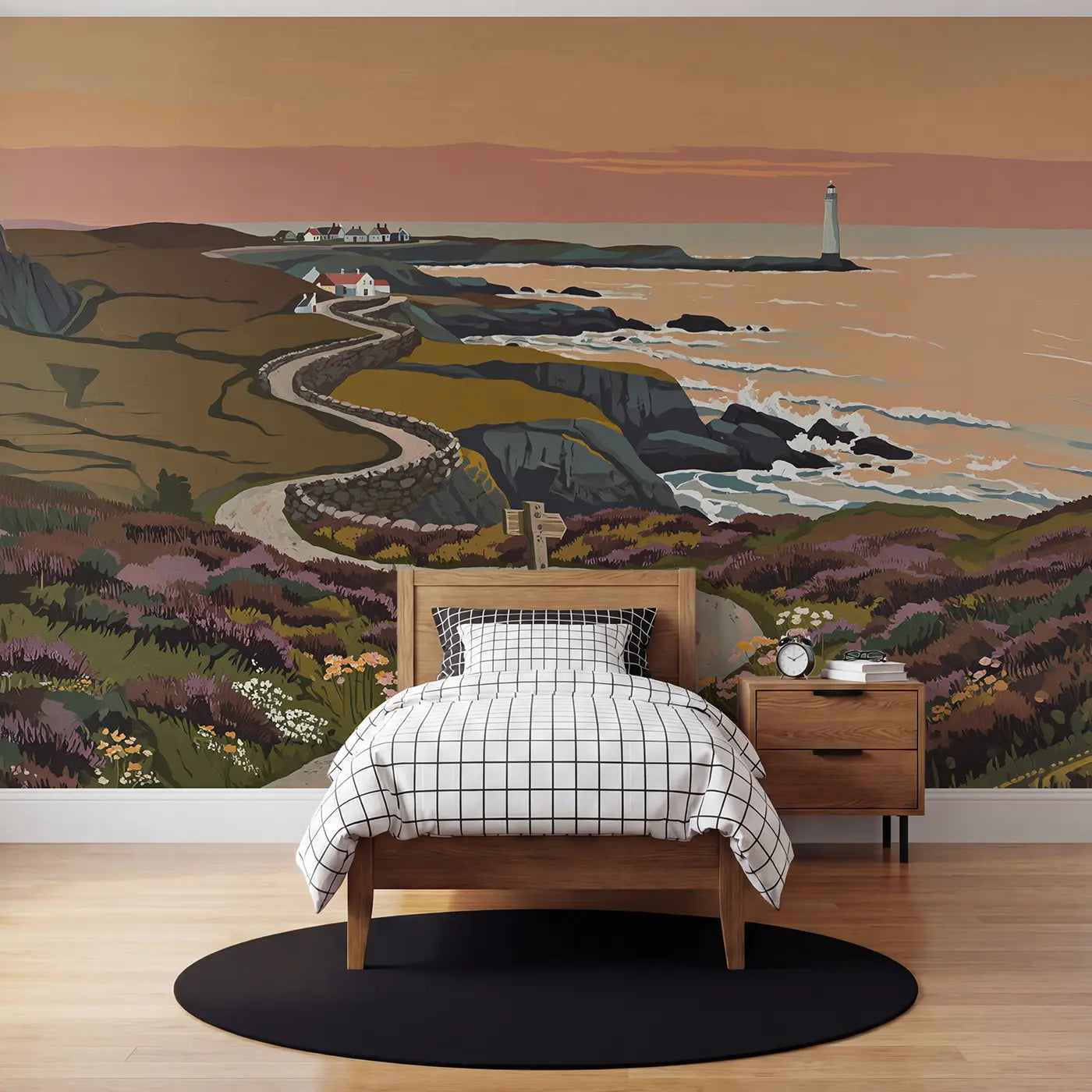Modern illustration lighthouse coastal road wallpaper mural for kids room by Whimsy Tots