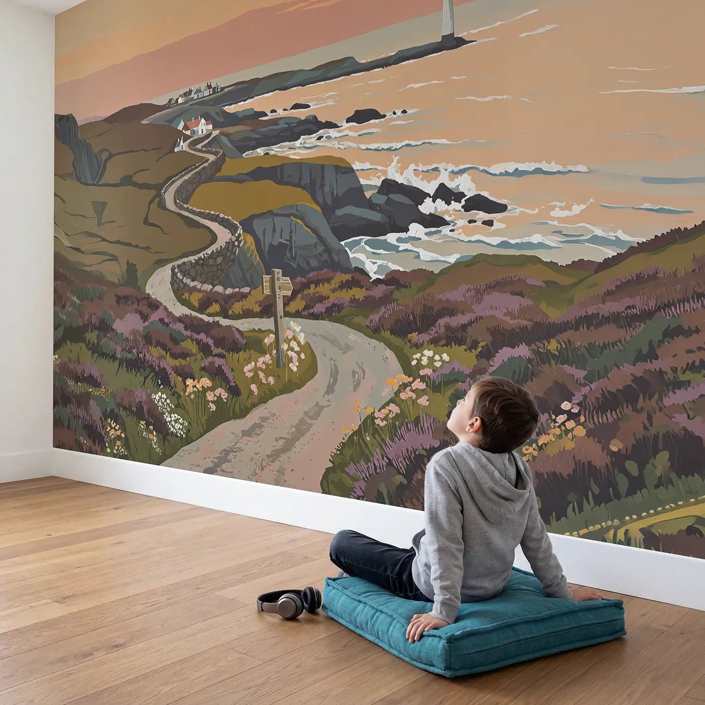 Child in nursery with Coastal Lighthouse Road Wallpaper Mural by Whimsy Tots