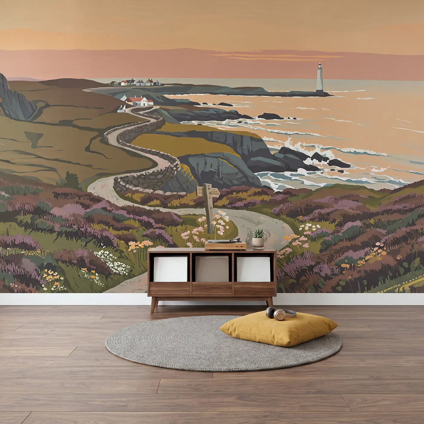 Coastal Lighthouse Road Wallpaper Mural in playroom setting by Whimsy Tots