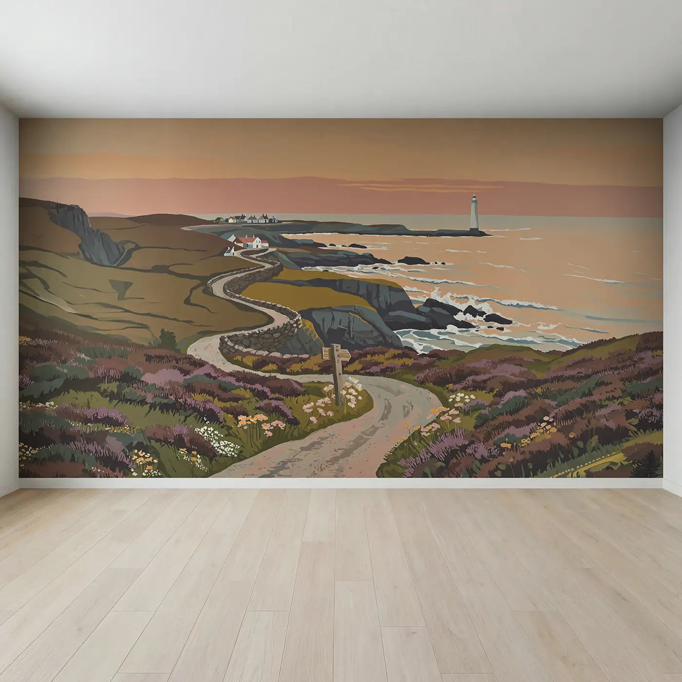Full view of Coastal Lighthouse Road Wallpaper Mural by Whimsy Tots