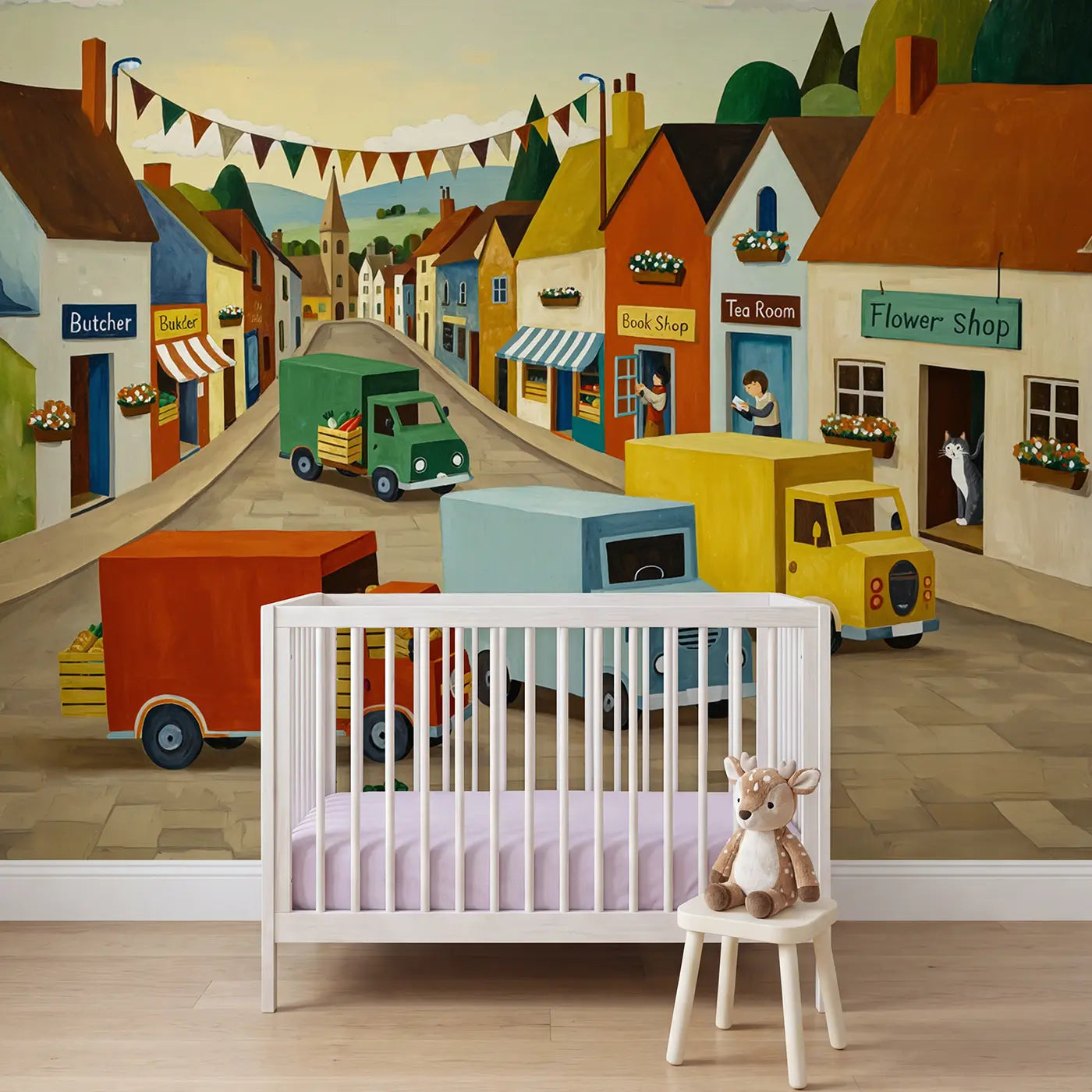Modern illustration village delivery morning wallpaper mural for girls room by Whimsy Tots