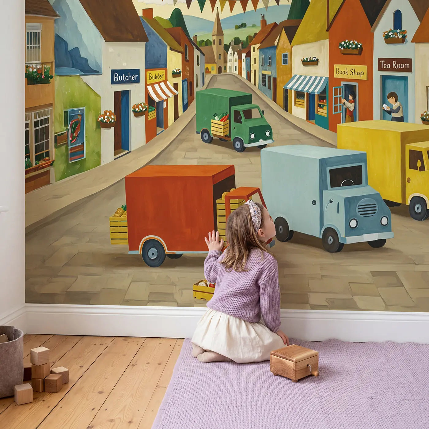 Child in nursery with Village Delivery Morning Wallpaper Mural by Whimsy Tots
