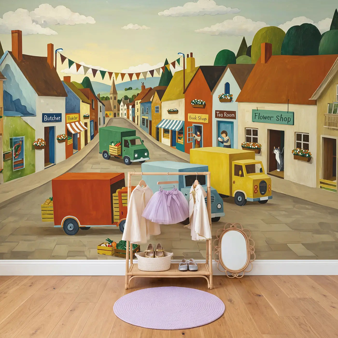 Village Delivery Morning Wallpaper Mural in playroom setting by Whimsy Tots