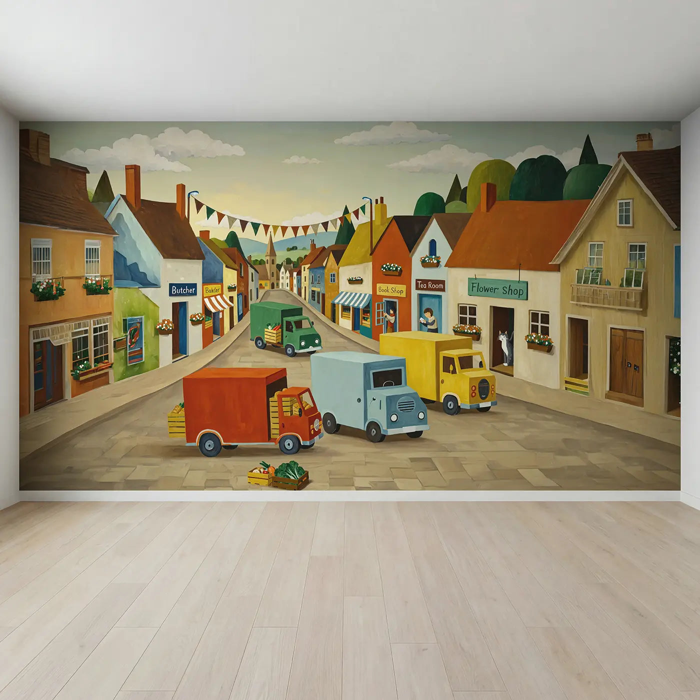 Full view of Village Delivery Morning Wallpaper Mural by Whimsy Tots