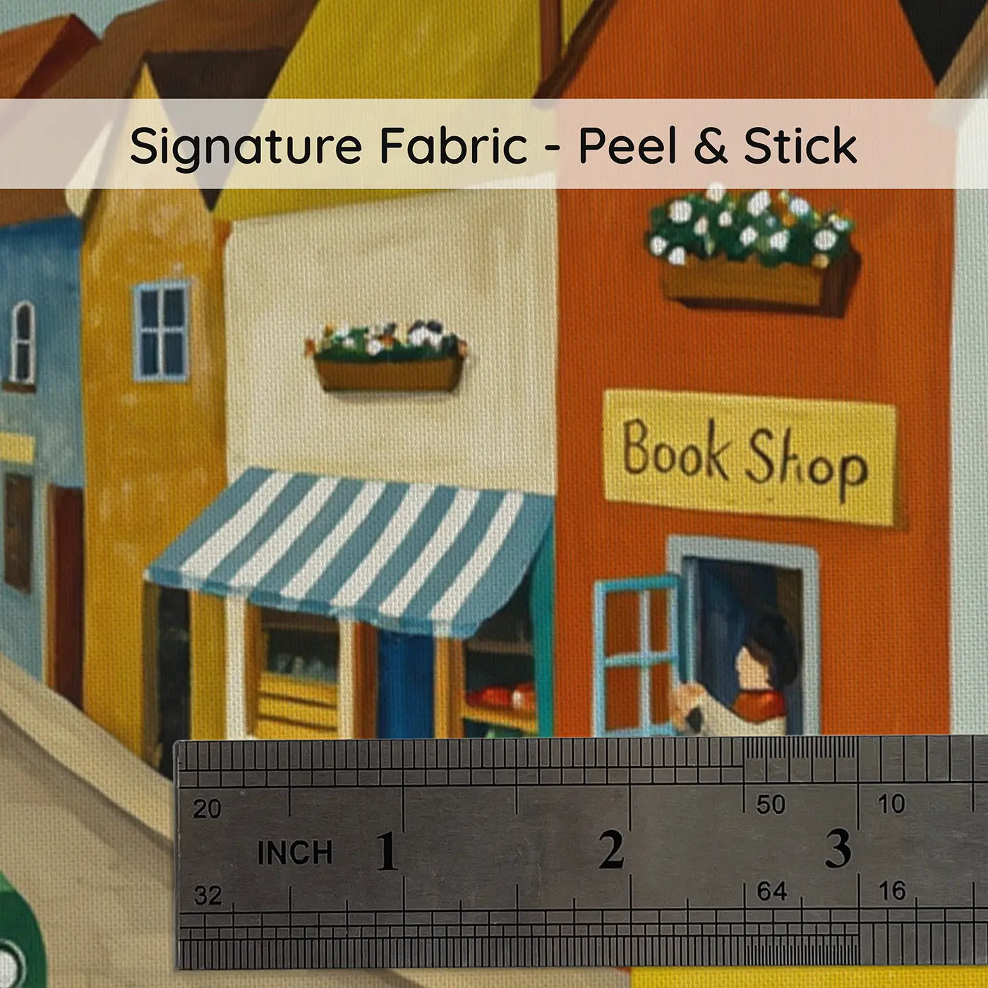 Fabric texture close-up of Village Delivery Morning Wallpaper Mural by Whimsy Tots