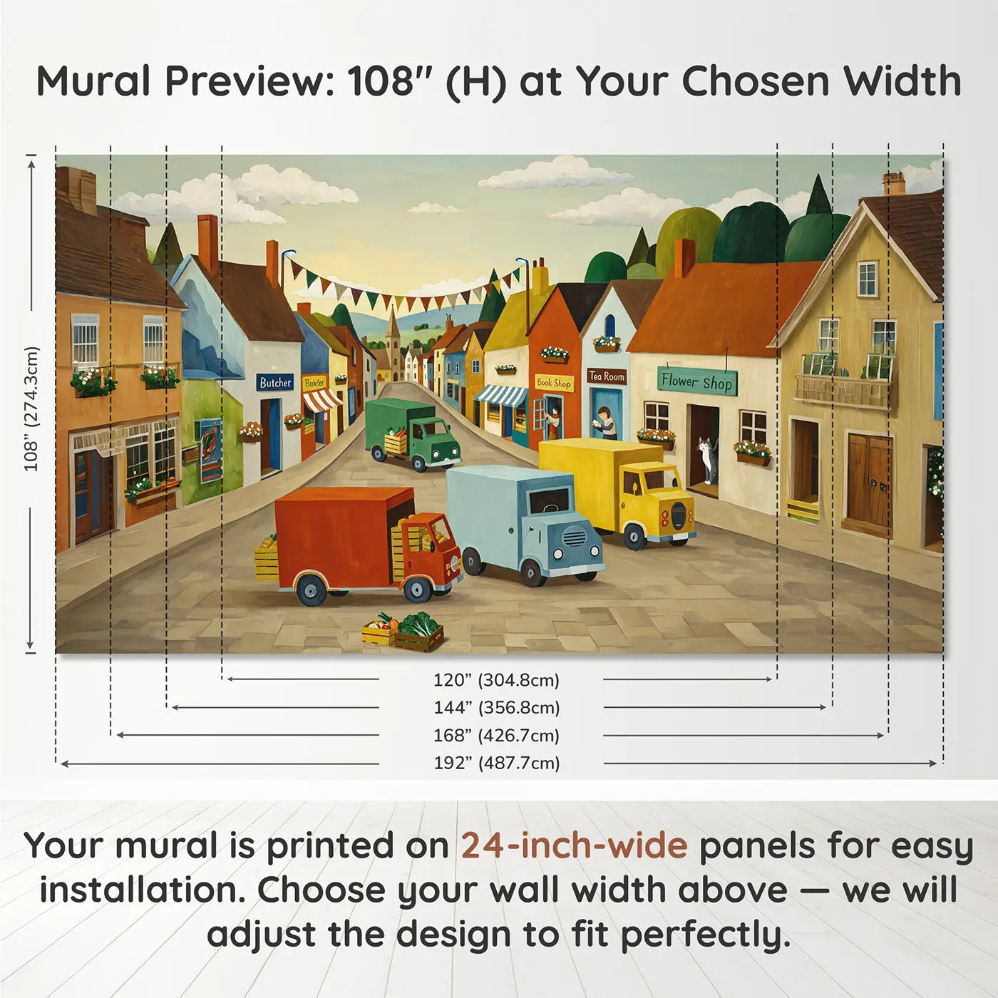 Panel layout and dimensions for Village Delivery Morning Wallpaper Mural by Whimsy Tots