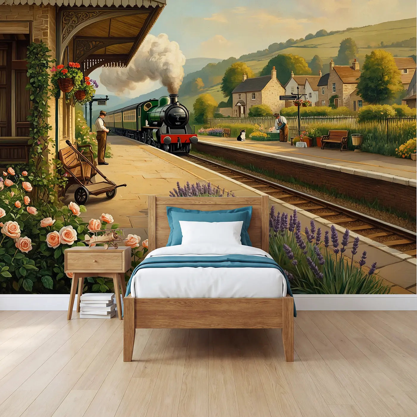Painted landscape village train station platform wallpaper mural for boys room by Whimsy Tots