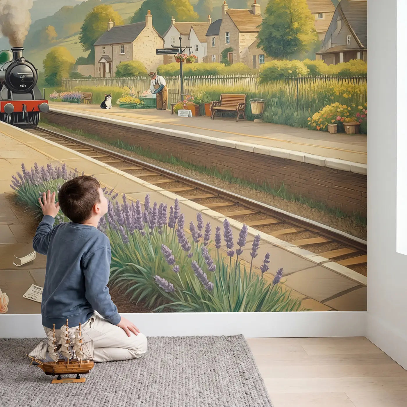 Child in nursery with Village Station Platform Garden Wallpaper Mural by Whimsy Tots