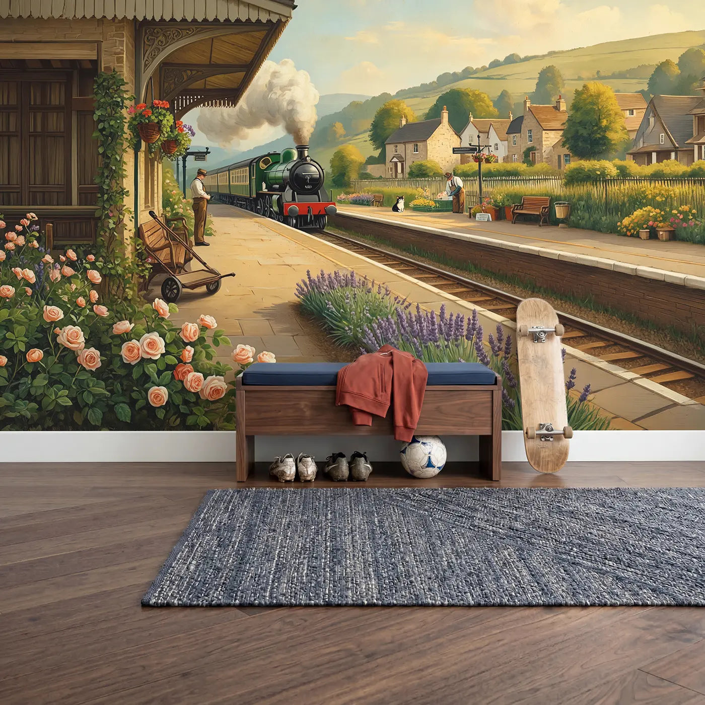 Village Station Platform Garden Wallpaper Mural in playroom setting by Whimsy Tots