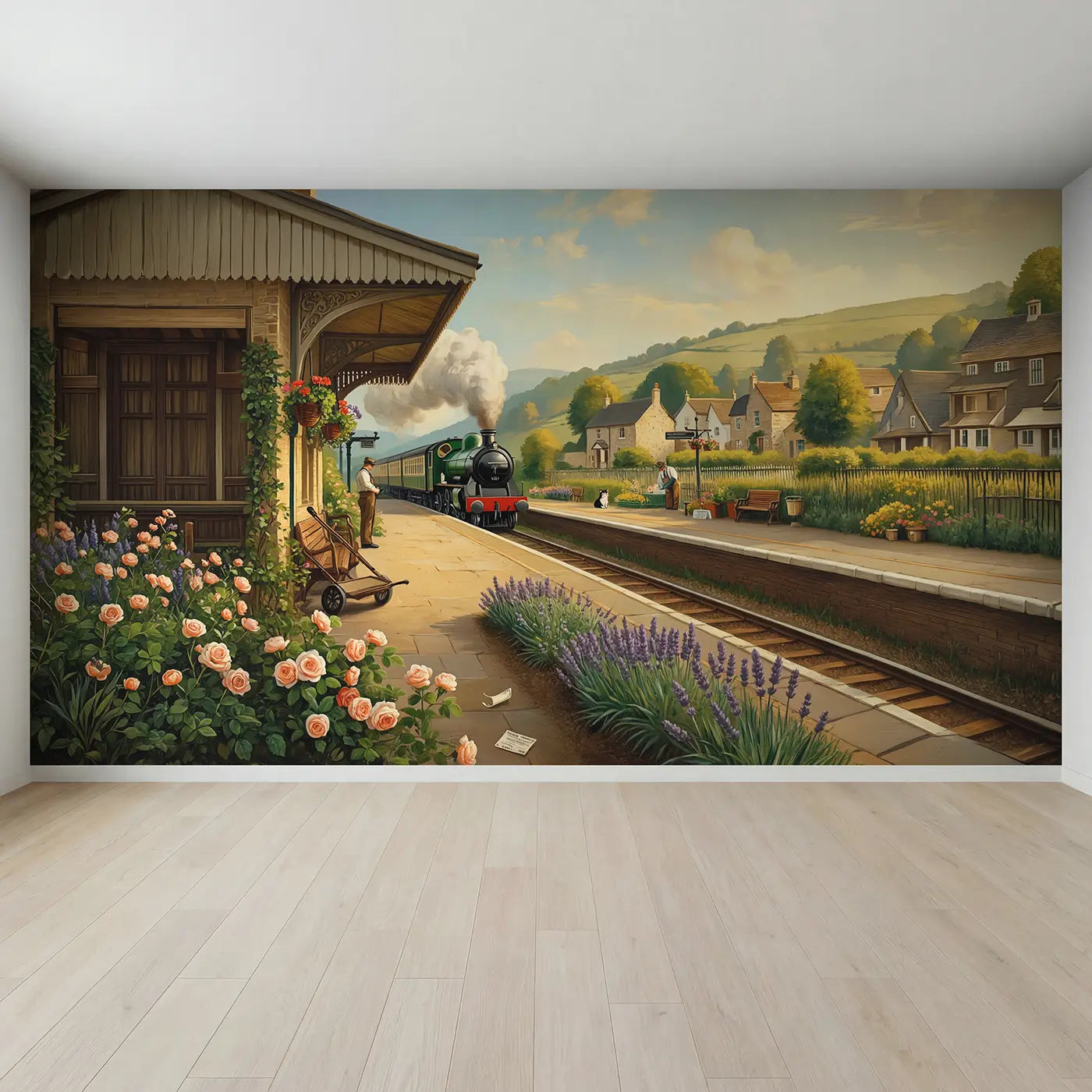 Full view of Village Station Platform Garden Wallpaper Mural by Whimsy Tots