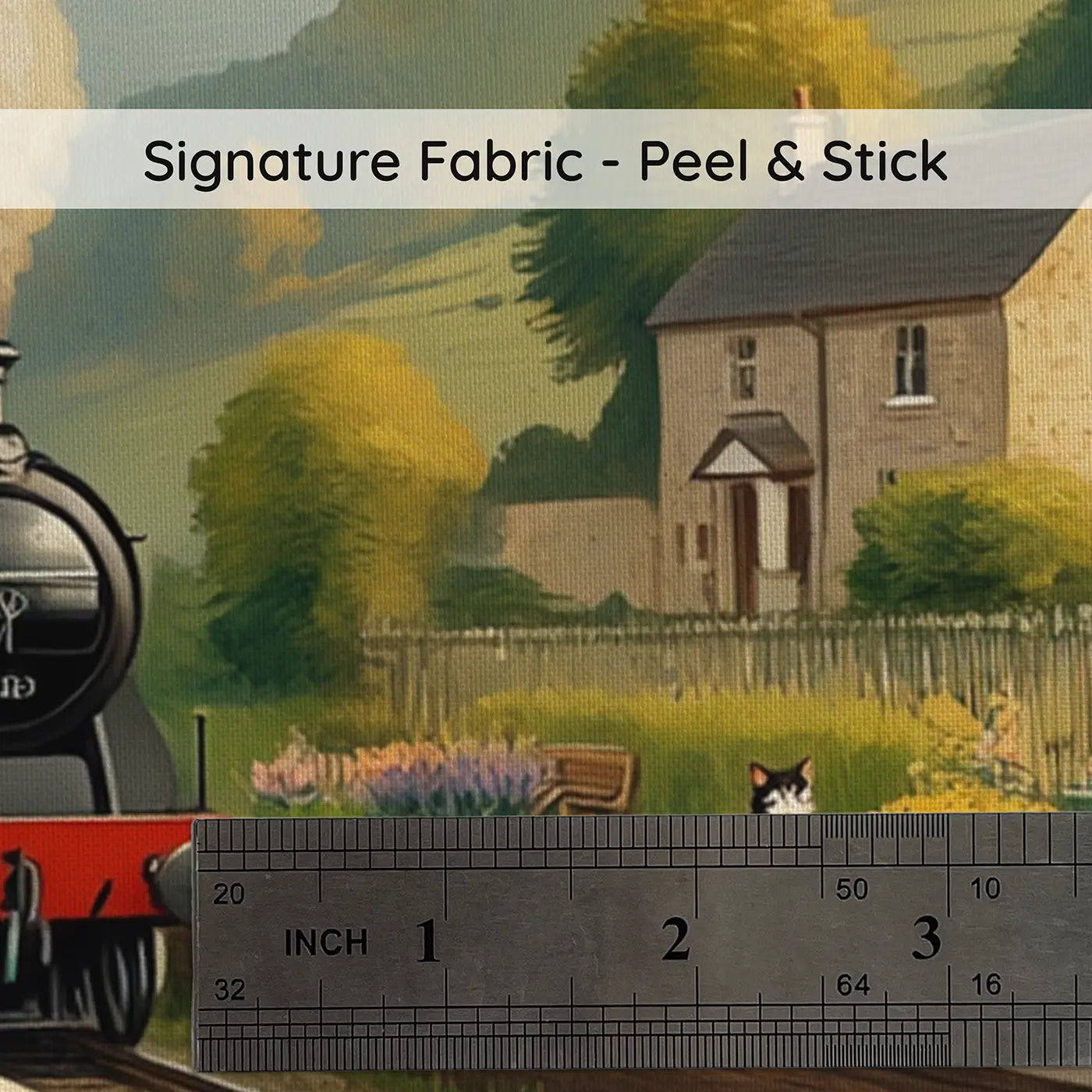 Fabric texture close-up of Village Station Platform Garden Wallpaper Mural by Whimsy Tots