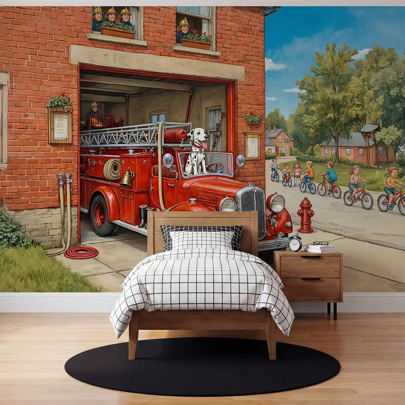 Storybook fire engine dalmatian street wallpaper mural for kids room by Whimsy Tots