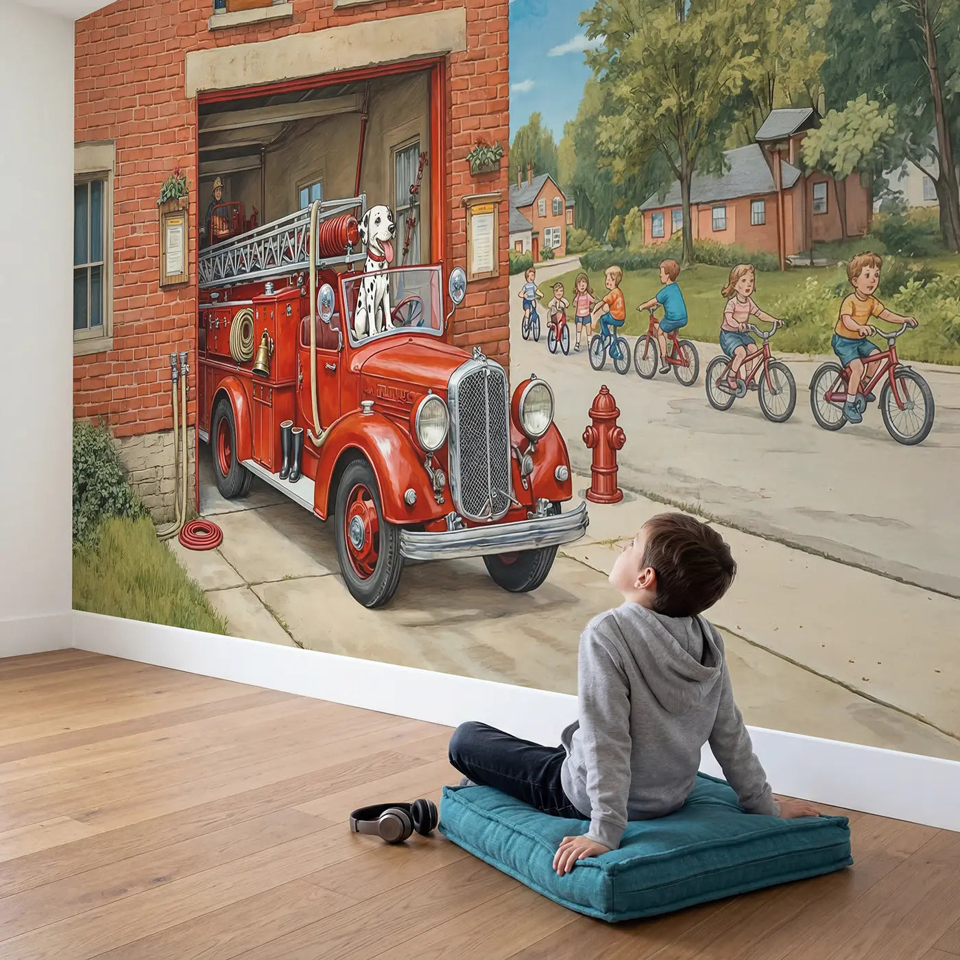 Child in nursery with Fire Engine Dalmatian Wallpaper Mural by Whimsy Tots