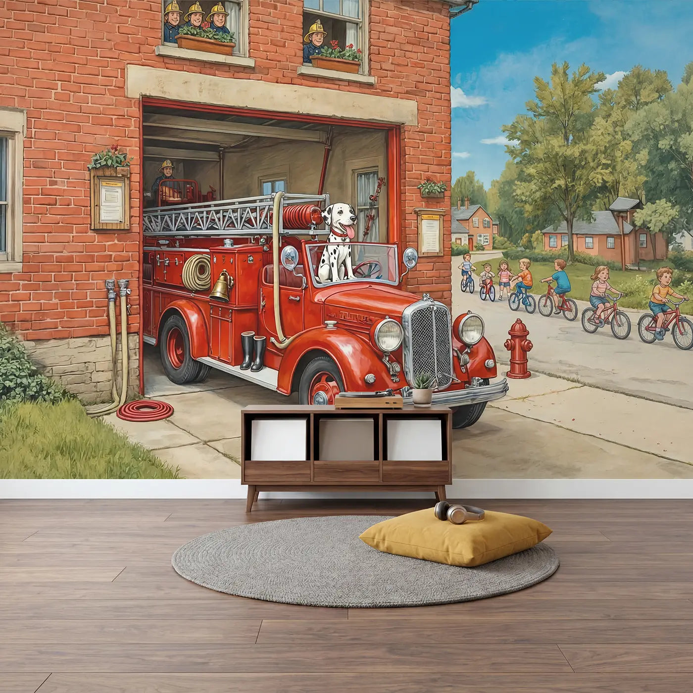 Fire Engine Dalmatian Wallpaper Mural in playroom setting by Whimsy Tots