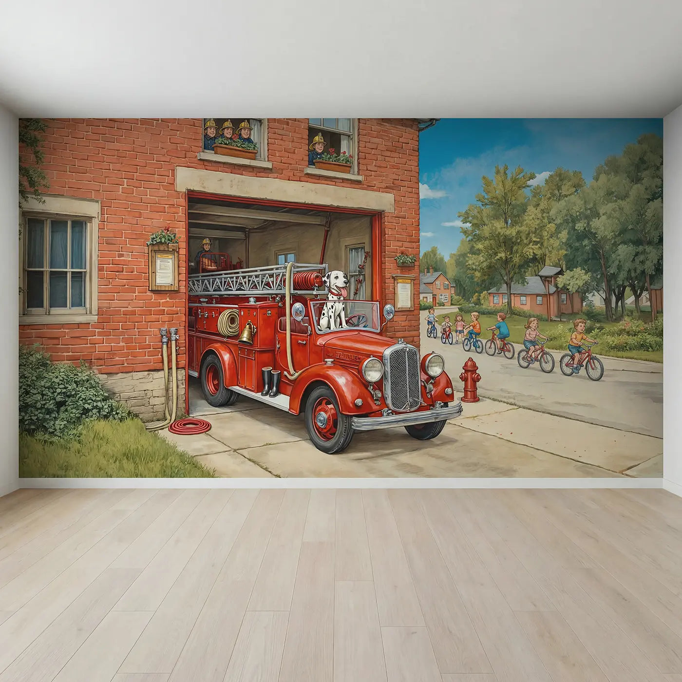Full view of Fire Engine Dalmatian Wallpaper Mural by Whimsy Tots
