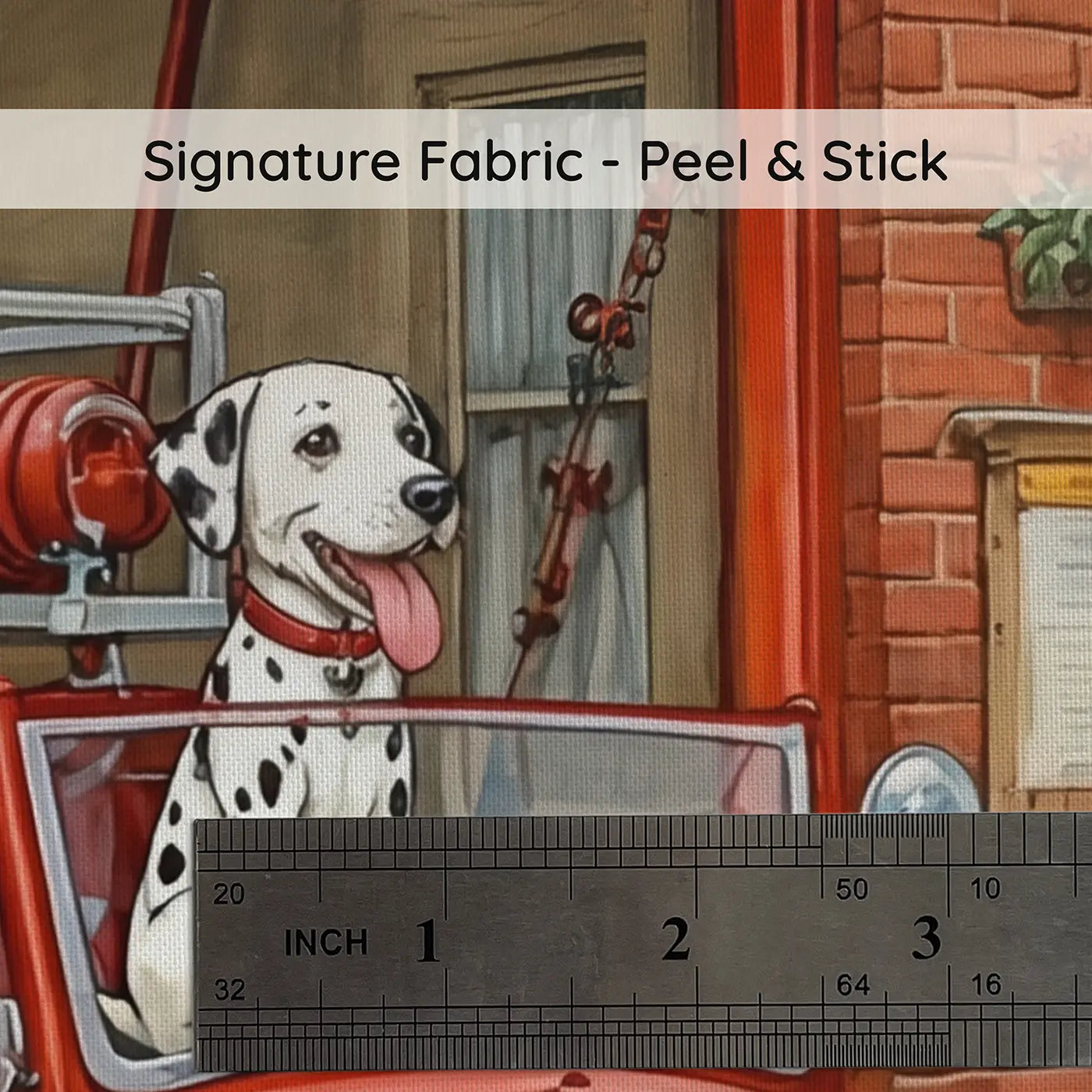 Fabric texture close-up of Fire Engine Dalmatian Wallpaper Mural by Whimsy Tots