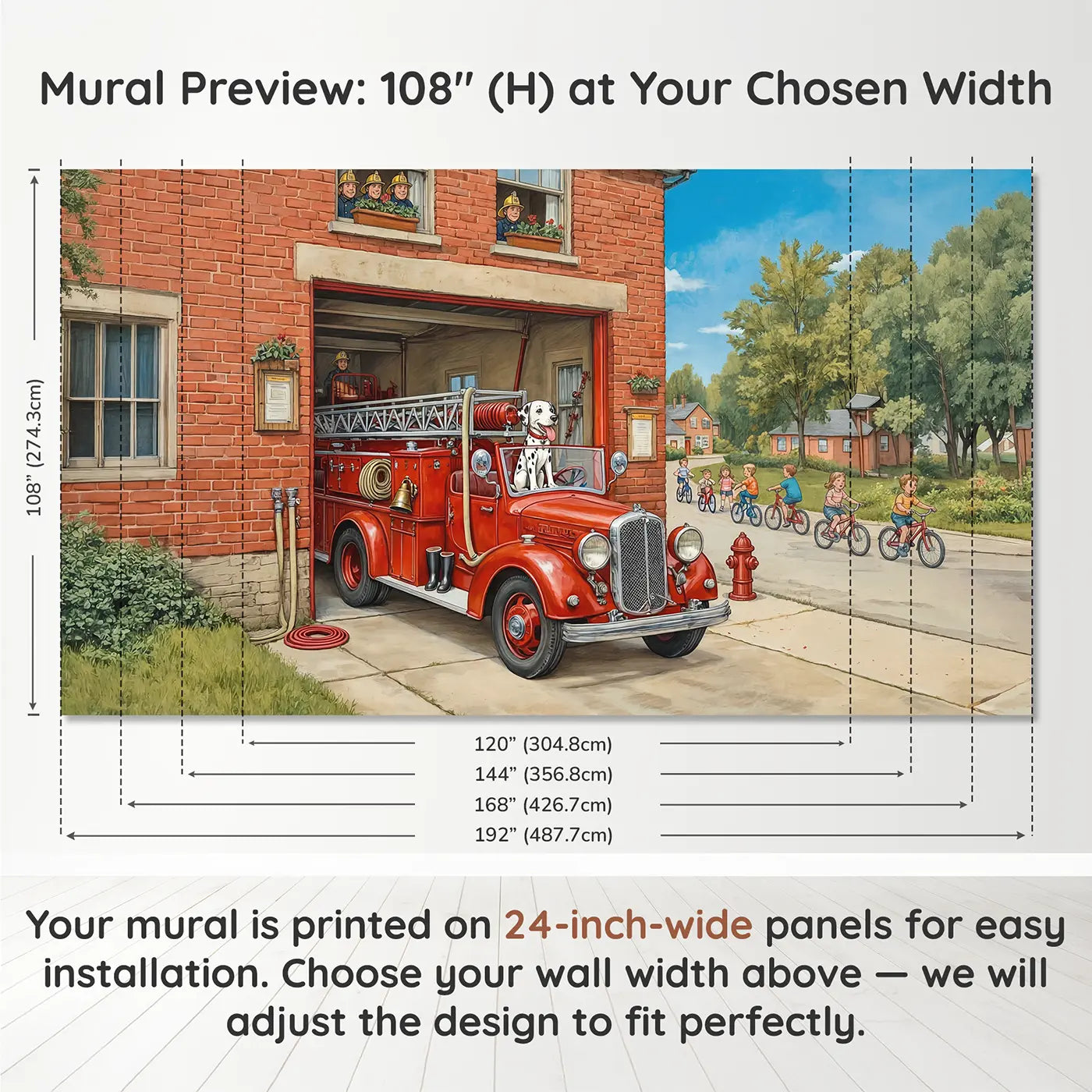 Panel layout and dimensions for Fire Engine Dalmatian Wallpaper Mural by Whimsy Tots