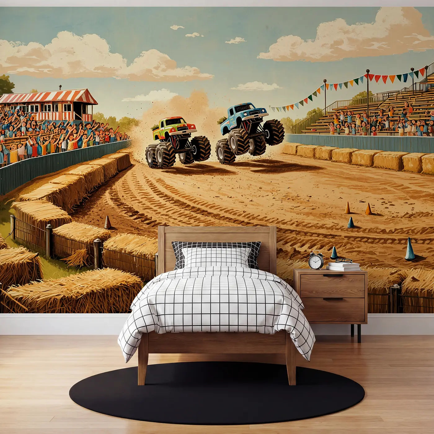 Block print monster trucks in arena wallpaper mural for kids room by Whimsy Tots