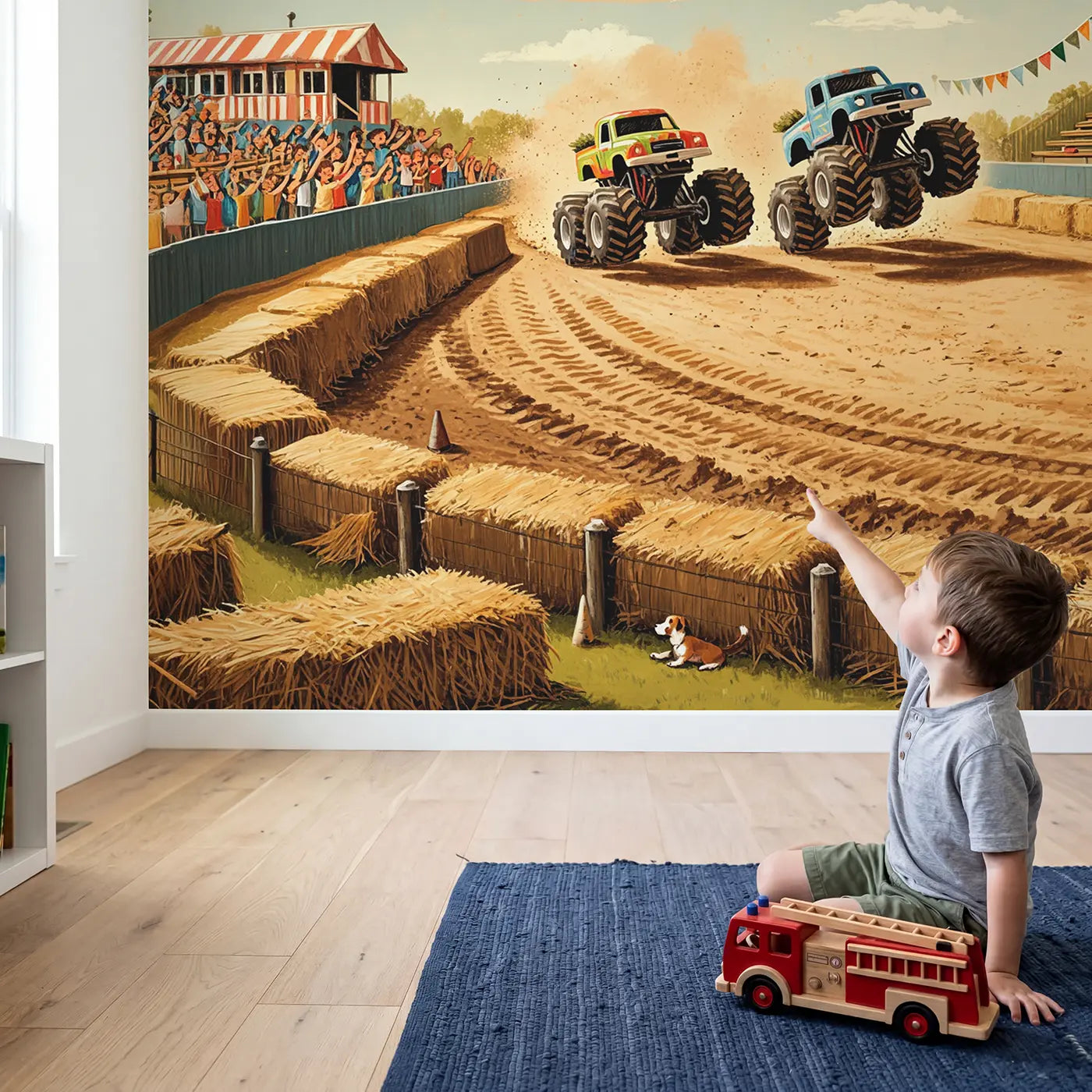 Child in nursery with Monster Truck Show Wallpaper Mural by Whimsy Tots
