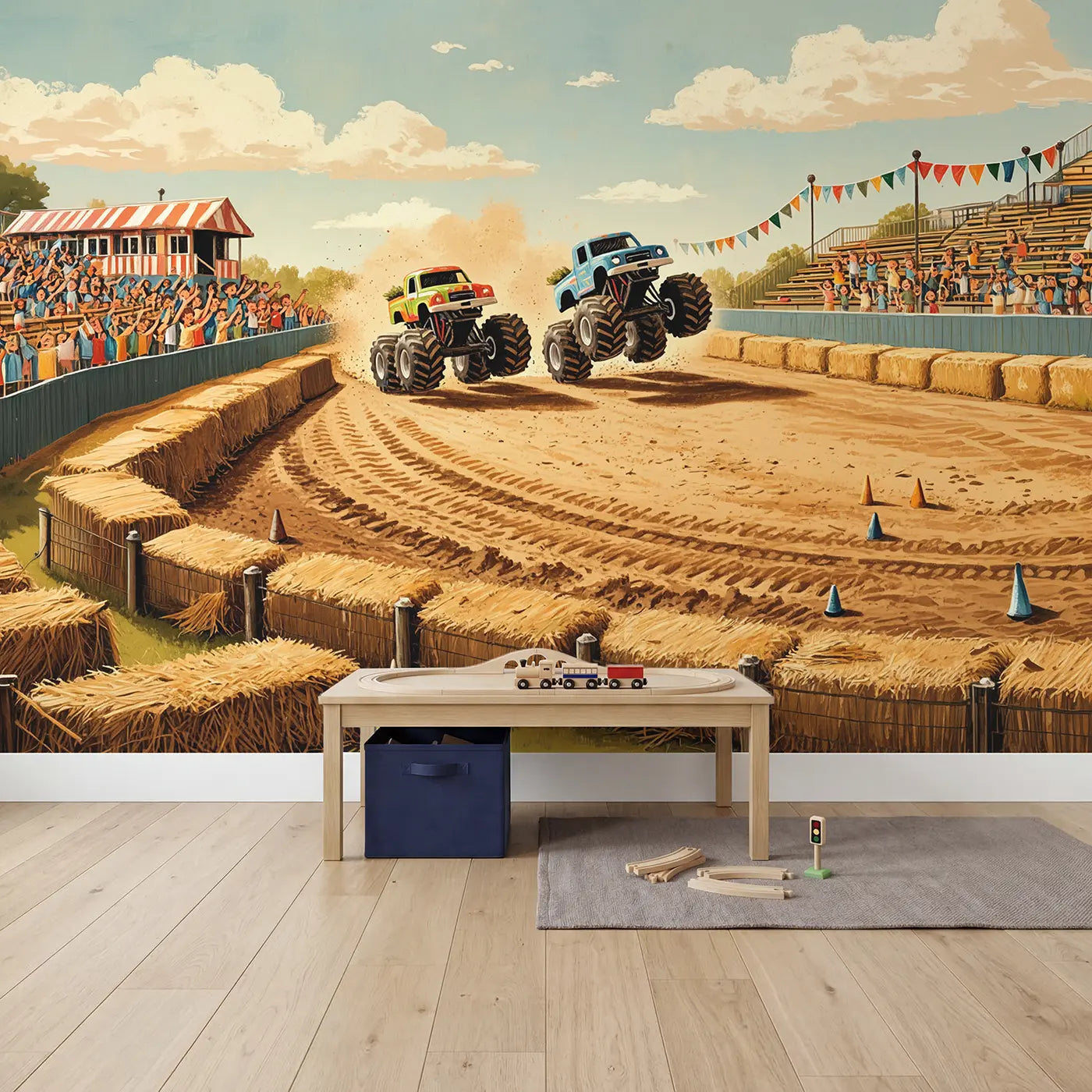 Monster Truck Show Wallpaper Mural in playroom setting by Whimsy Tots