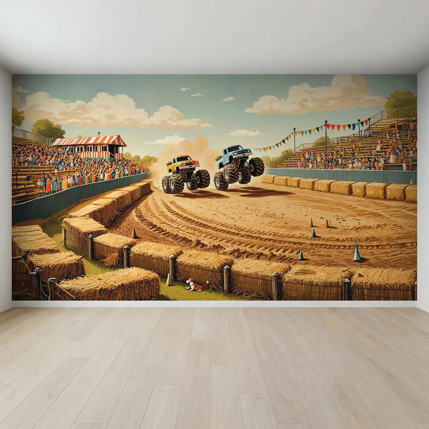Full view of Monster Truck Show Wallpaper Mural by Whimsy Tots