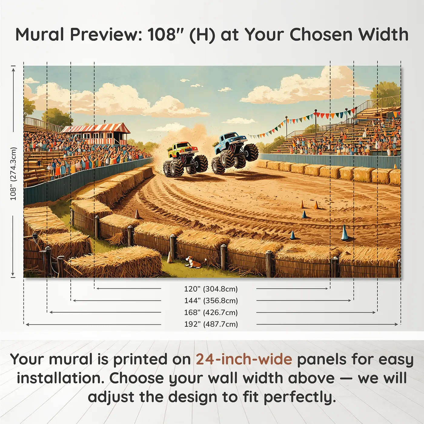 Panel layout and dimensions for Monster Truck Show Wallpaper Mural by Whimsy Tots