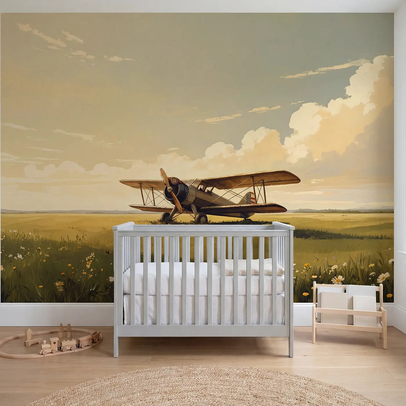 Block print vintage biplane goggles airfield wallpaper mural for boys room by Whimsy Tots