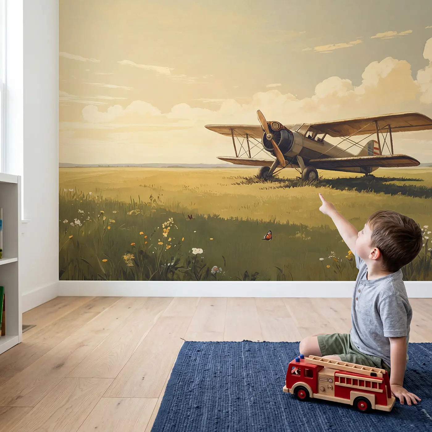Child in nursery with Vintage Biplane Goggles Wing Wallpaper Mural by Whimsy Tots