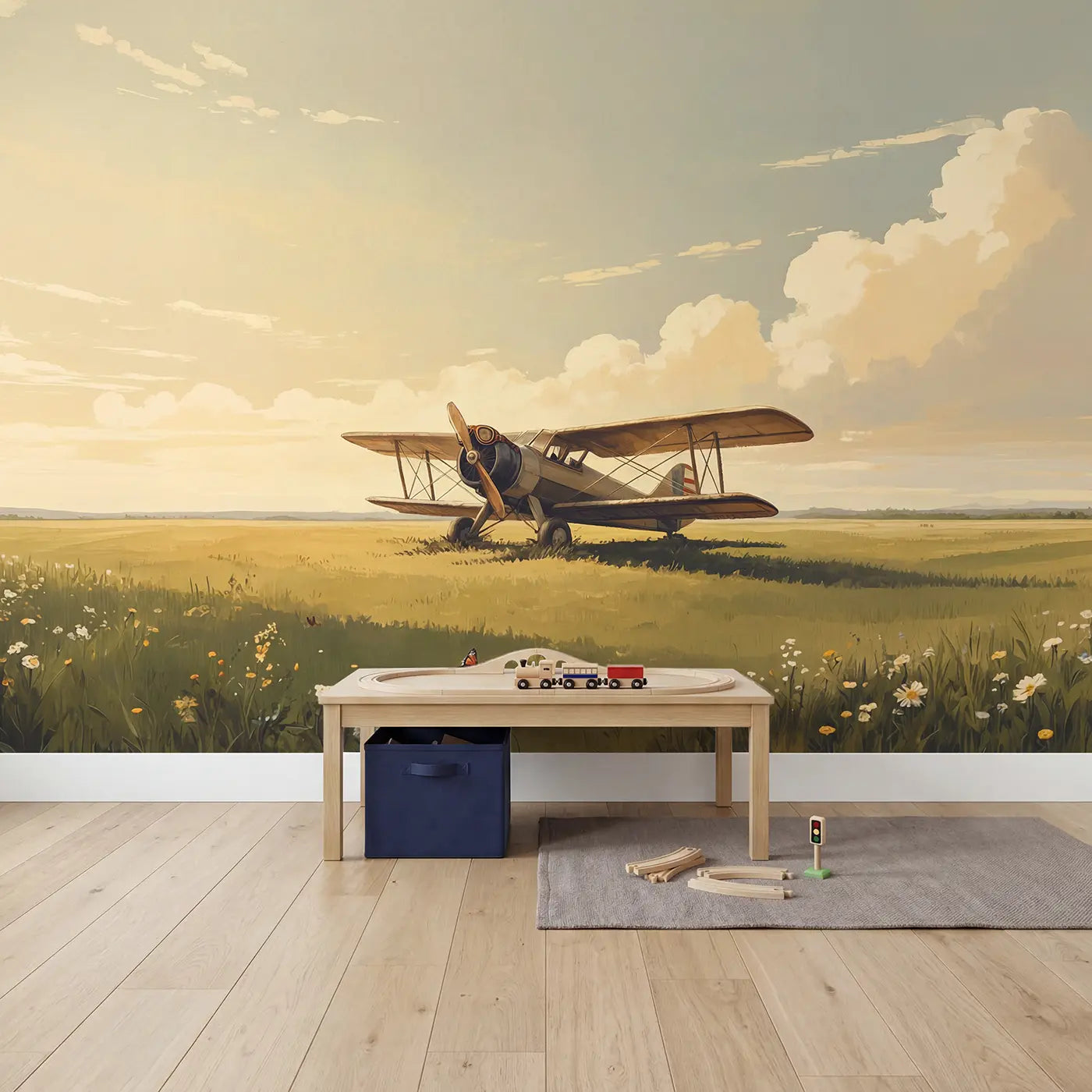 Vintage Biplane Goggles Wing Wallpaper Mural in playroom setting by Whimsy Tots