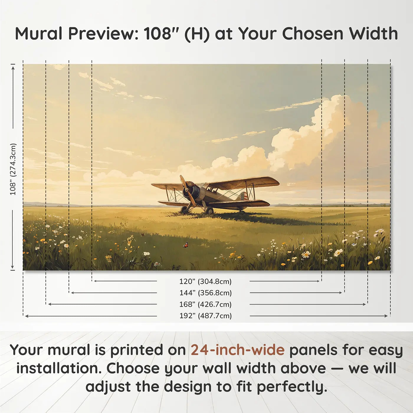 Panel layout and dimensions for Vintage Biplane Goggles Wing Wallpaper Mural by Whimsy Tots