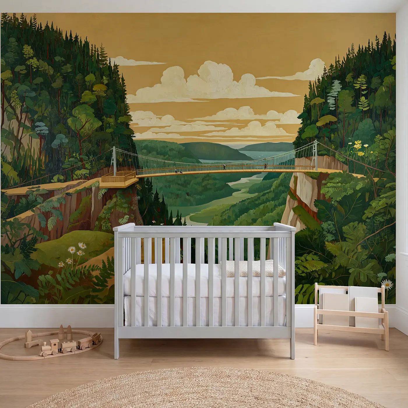 Modern illustration bridge vintage transport wallpaper mural for kids room by Whimsy Tots