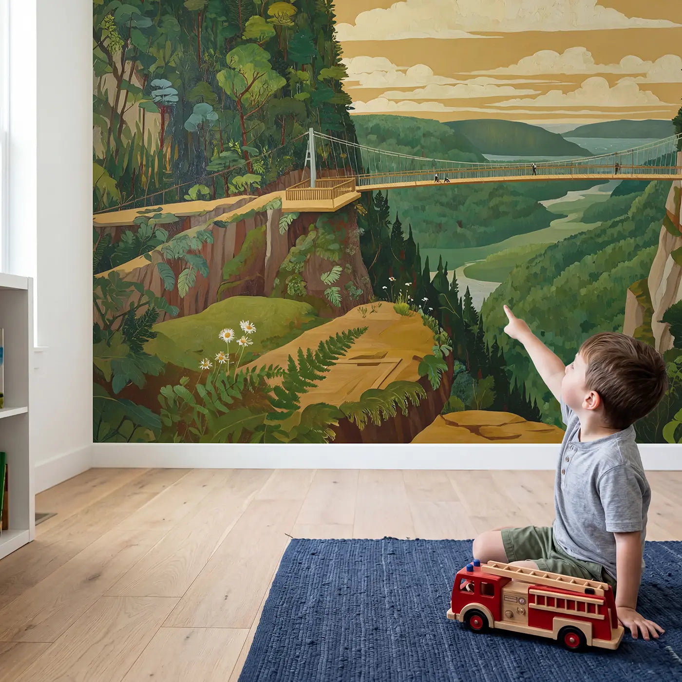 Child in nursery with Gorge Suspension Bridge Wallpaper Mural by Whimsy Tots