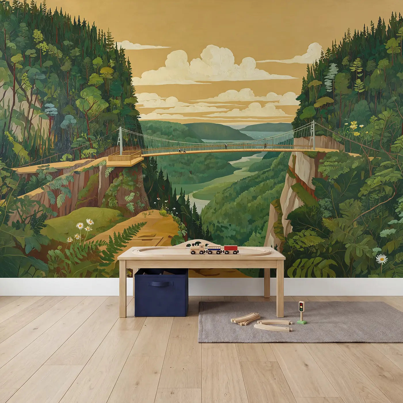 Gorge Suspension Bridge Wallpaper Mural in playroom setting by Whimsy Tots