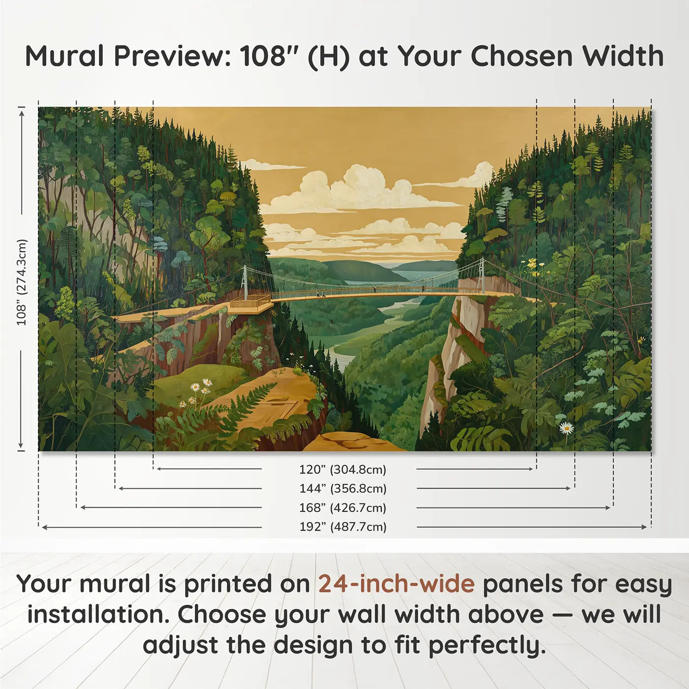 Panel layout and dimensions for Gorge Suspension Bridge Wallpaper Mural by Whimsy Tots